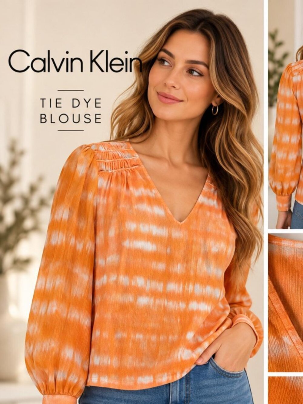 Calvin Klein Orange & Cream Tie-Dye V-Neck Blouse – Long Sleeve Statement Top